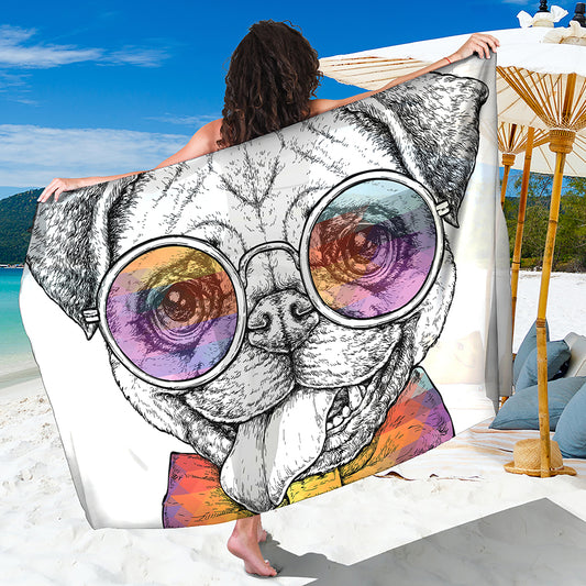 Hipster Pug Print Beach Sarong Wrap