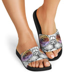 Hipster Pug Print Black Slide Sandals