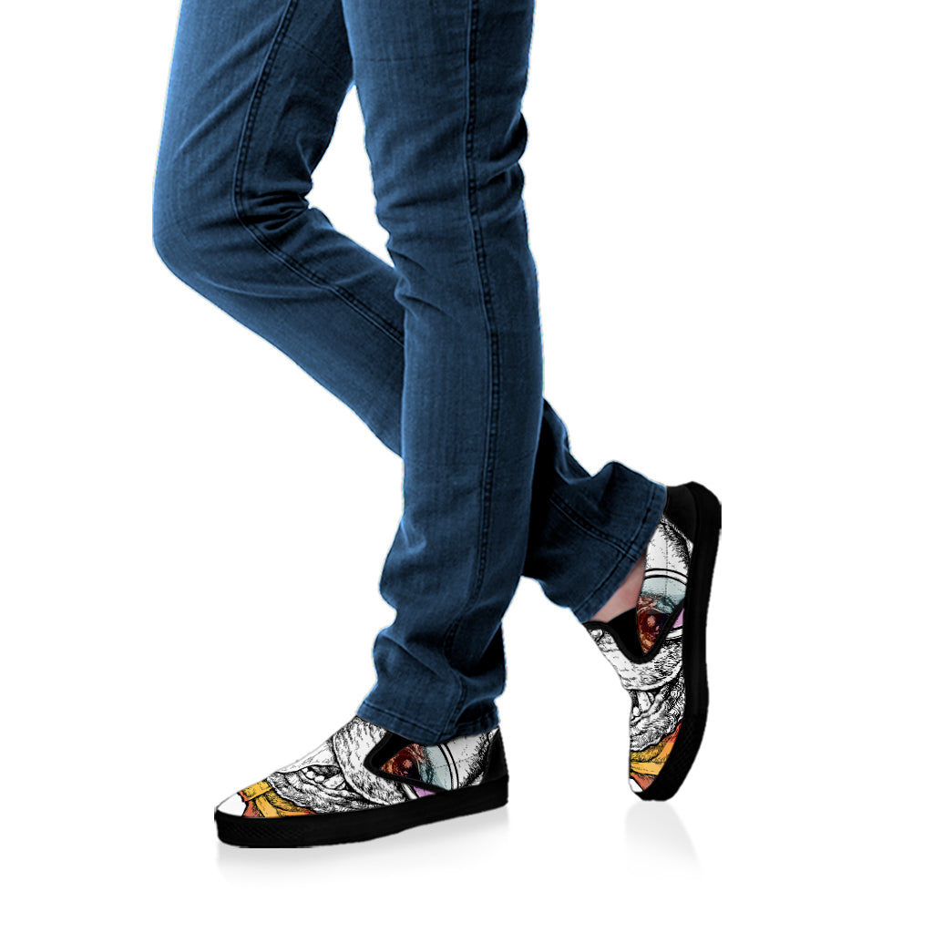 Hipster Pug Print Black Slip On Shoes