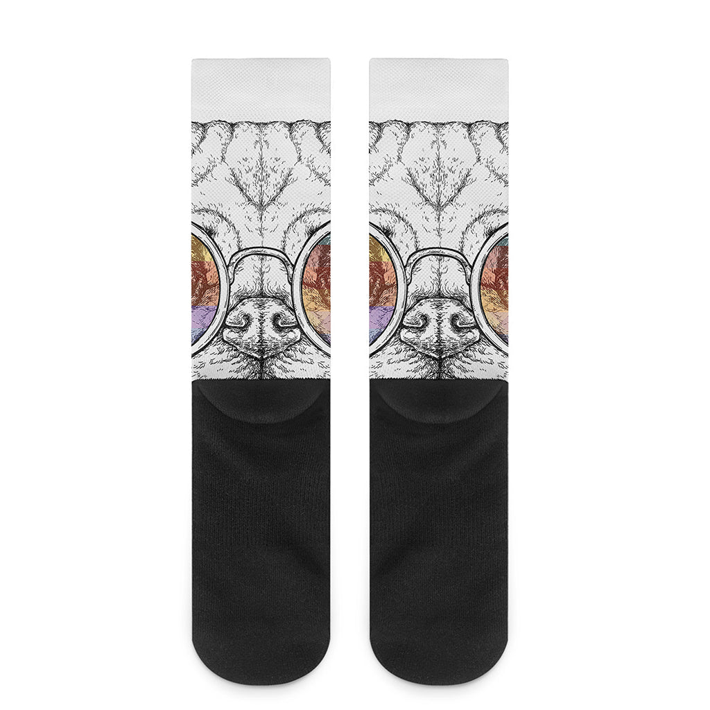 Hipster Pug Print Crew Socks