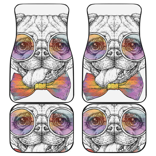 Hipster Pug Print Front and Back Car Floor Mats