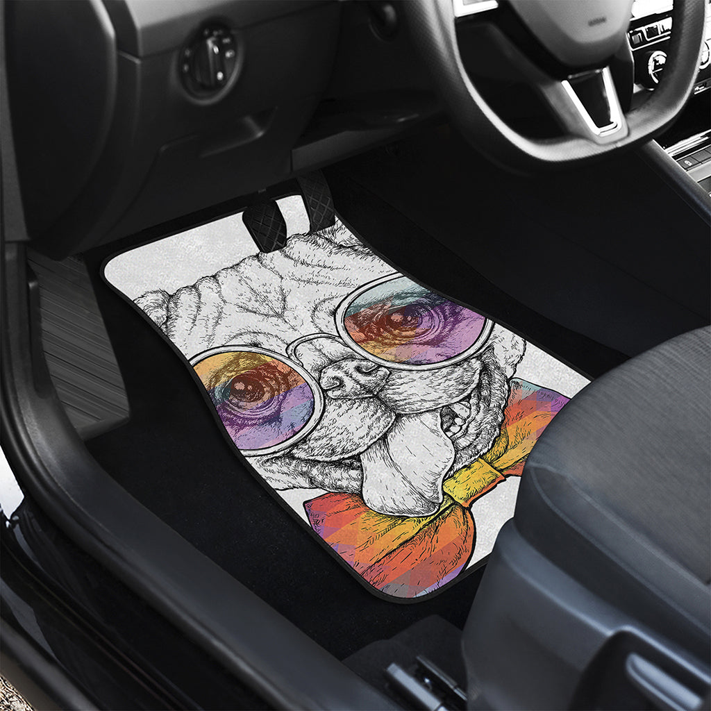 Hipster Pug Print Front and Back Car Floor Mats