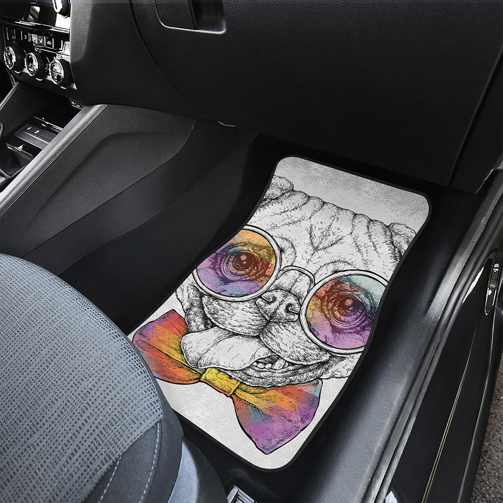 Hipster Pug Print Front and Back Car Floor Mats