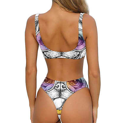 Hipster Pug Print Front Bow Tie Bikini
