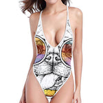 Hipster Pug Print High Cut One Piece Swimsuit