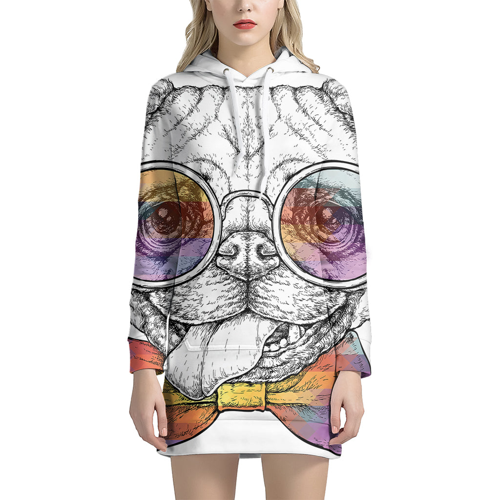 Hipster Pug Print Pullover Hoodie Dress