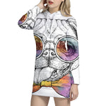 Hipster Pug Print Pullover Hoodie Dress