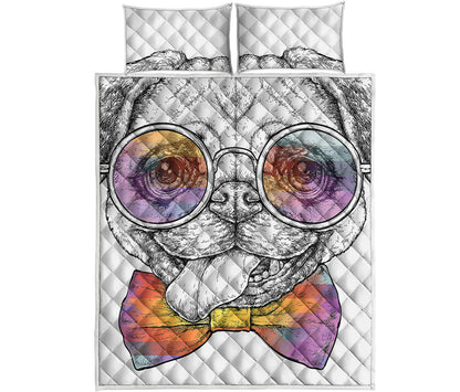 Hipster Pug Print Quilt Bed Set