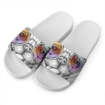 Hipster Pug Print White Slide Sandals