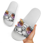 Hipster Pug Print White Slide Sandals