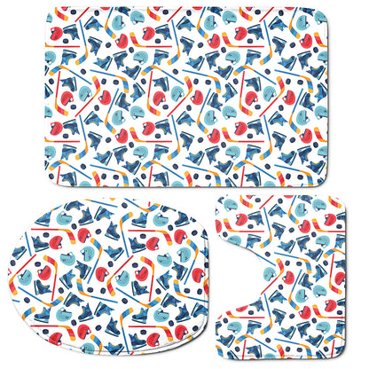 Hockey Equipment Pattern Print 3 Piece Bath Mat Set