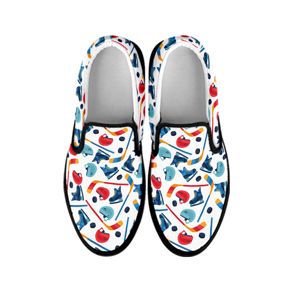 Hockey Equipment Pattern Print Black Slip On Shoes
