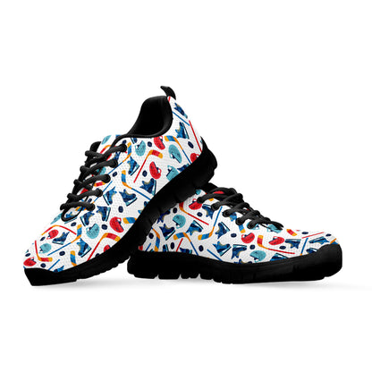 Hockey Equipment Pattern Print Black Sneakers