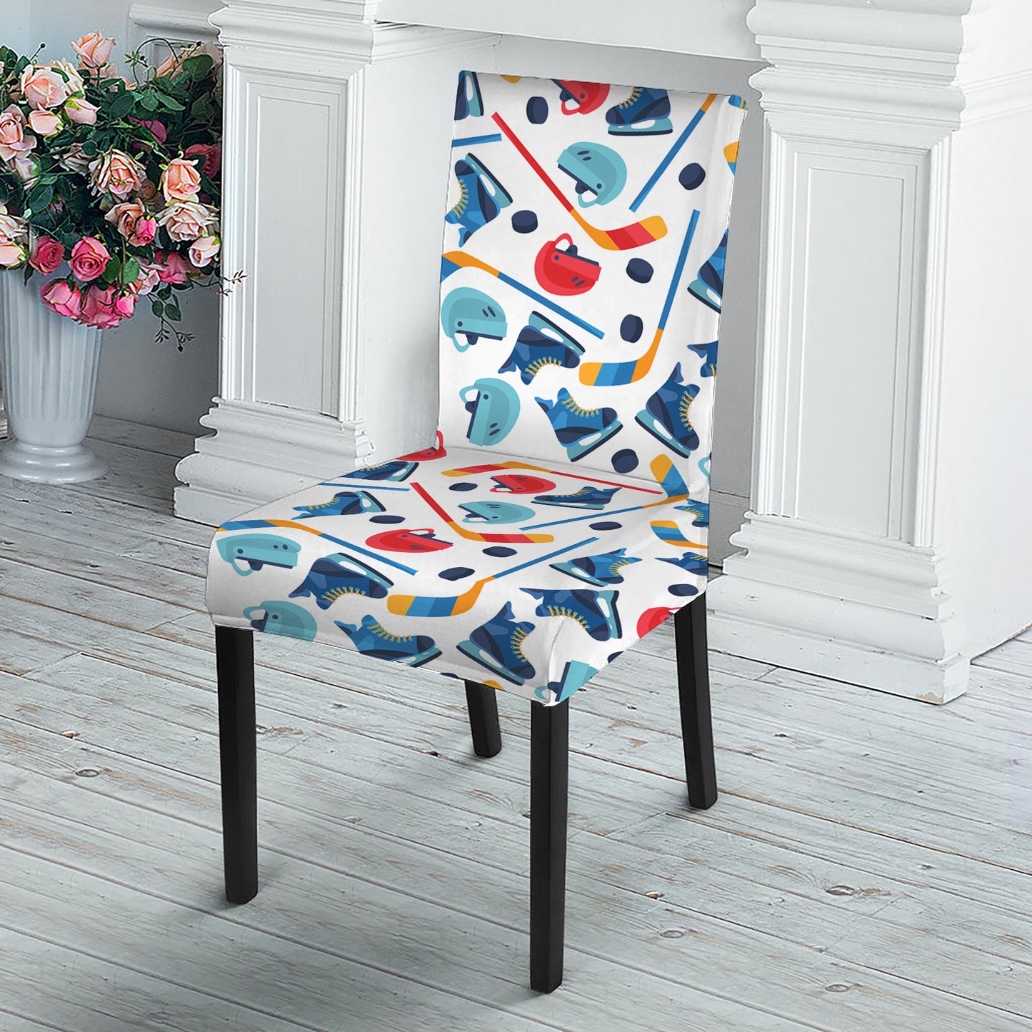 Hockey Equipment Pattern Print Dining Chair Slipcover