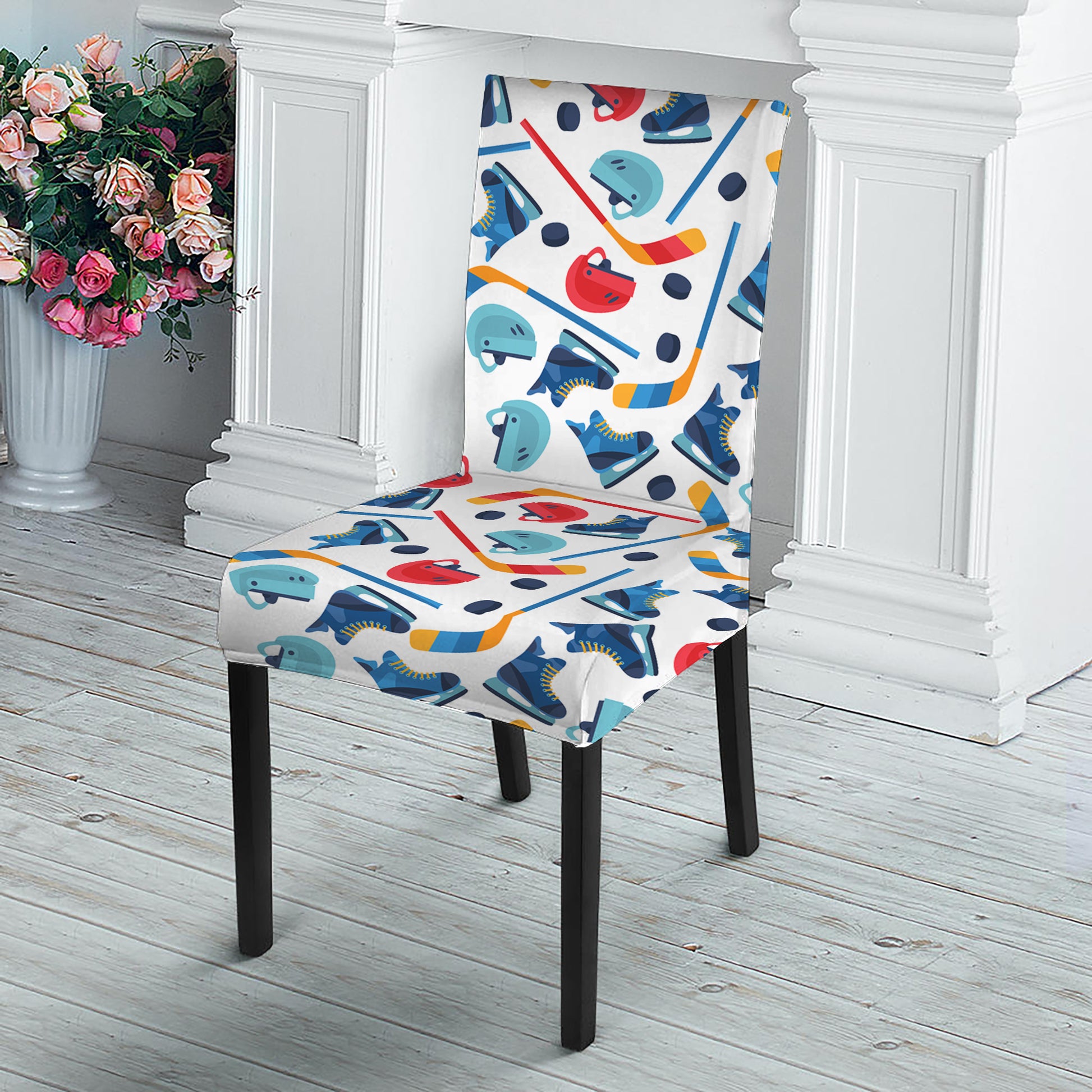 Hockey Equipment Pattern Print Dining Chair Slipcover
