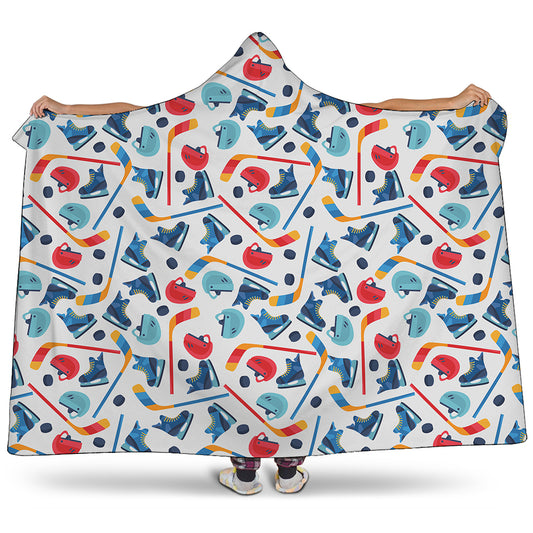 Hockey Equipment Pattern Print Hooded Blanket