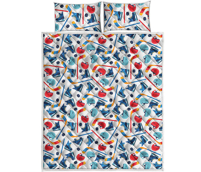 Hockey Equipment Pattern Print Quilt Bed Set