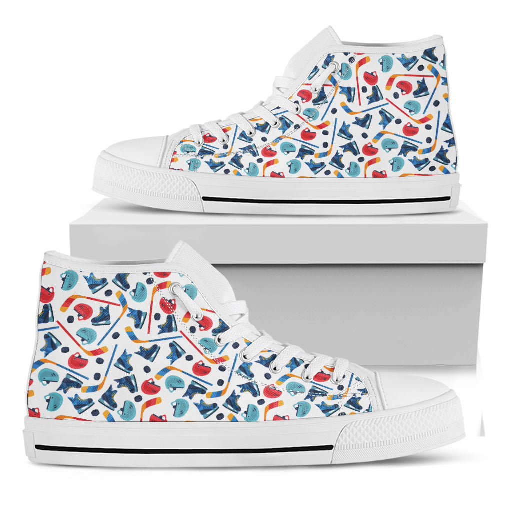 Hockey Equipment Pattern Print White High Top Shoes