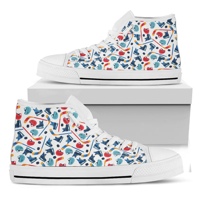 Hockey Equipment Pattern Print White High Top Shoes
