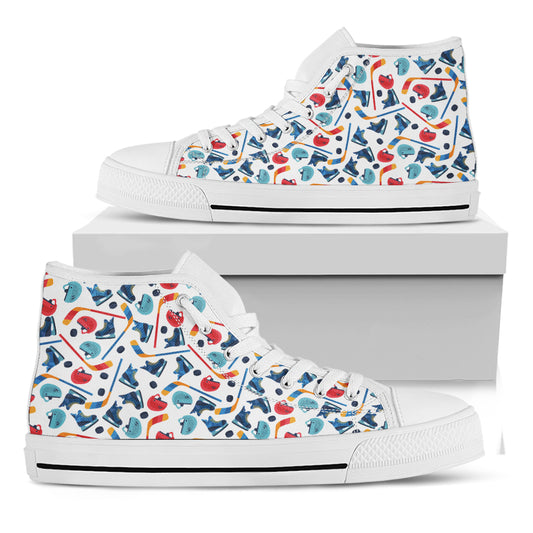 Hockey Equipment Pattern Print White High Top Shoes