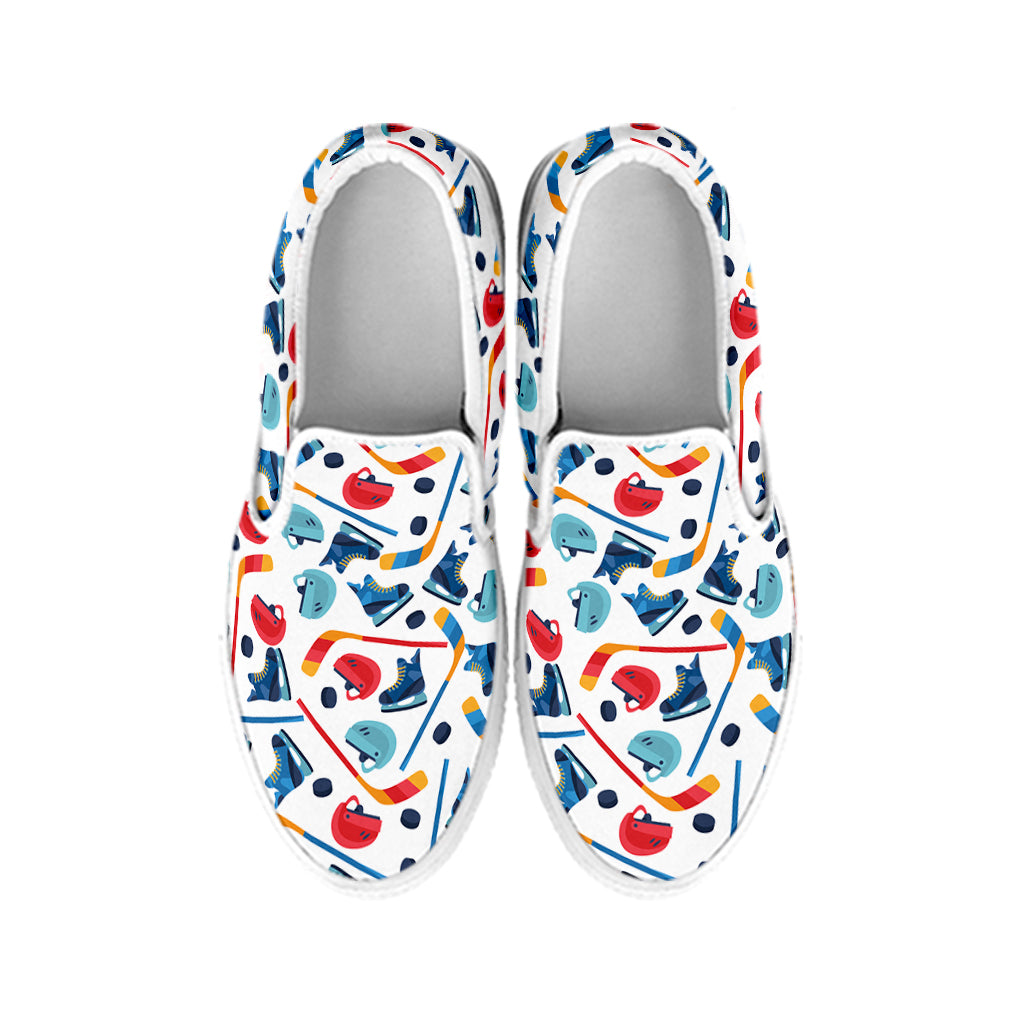 Hockey Equipment Pattern Print White Slip On Shoes