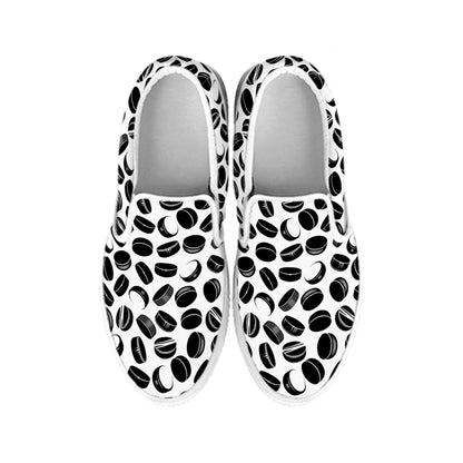 Hockey Puck Pattern Print White Slip On Shoes
