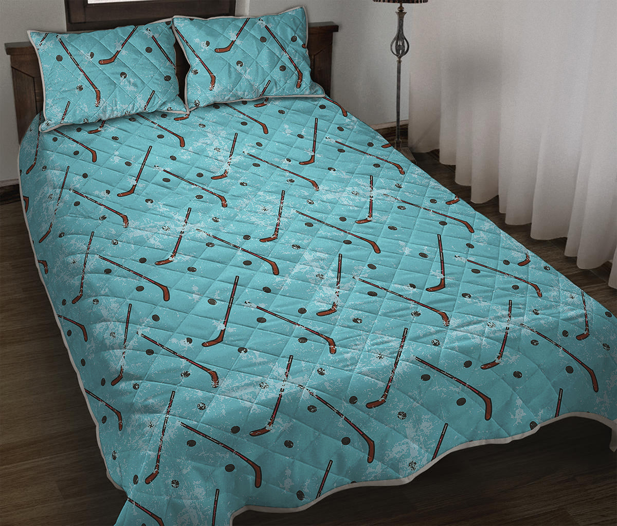 Hockey Stick And Puck Pattern Print Quilt Bed Set