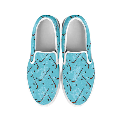 Hockey Stick And Puck Pattern Print White Slip On Shoes