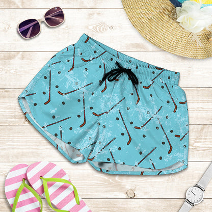 Hockey Stick And Puck Pattern Print Women's Shorts
