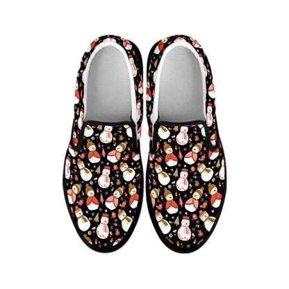 Holiday Snowman Pattern Print Black Slip On Shoes