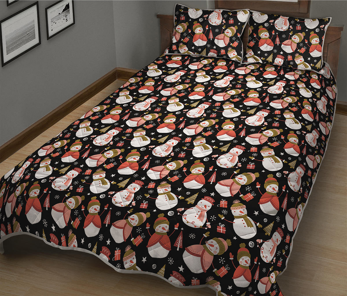 Holiday Snowman Pattern Print Quilt Bed Set