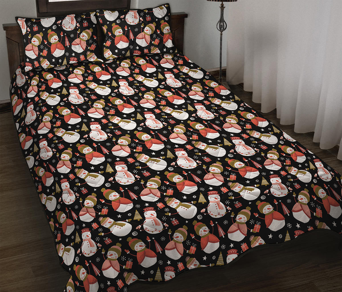 Holiday Snowman Pattern Print Quilt Bed Set