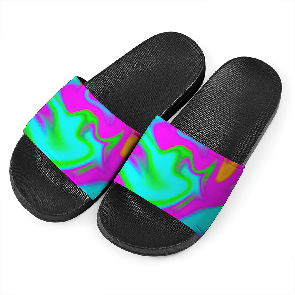 Holographic Neon Liquid Trippy Print Black Slide Sandals