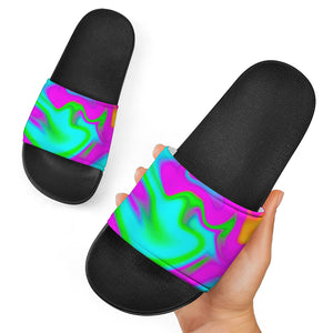 Holographic Neon Liquid Trippy Print Black Slide Sandals