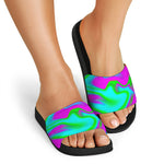 Holographic Neon Liquid Trippy Print Black Slide Sandals