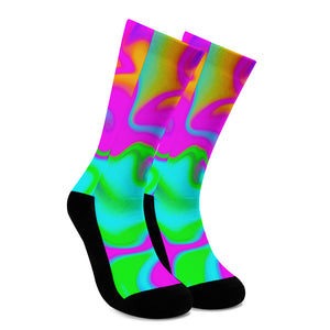 Holographic Neon Liquid Trippy Print Crew Socks