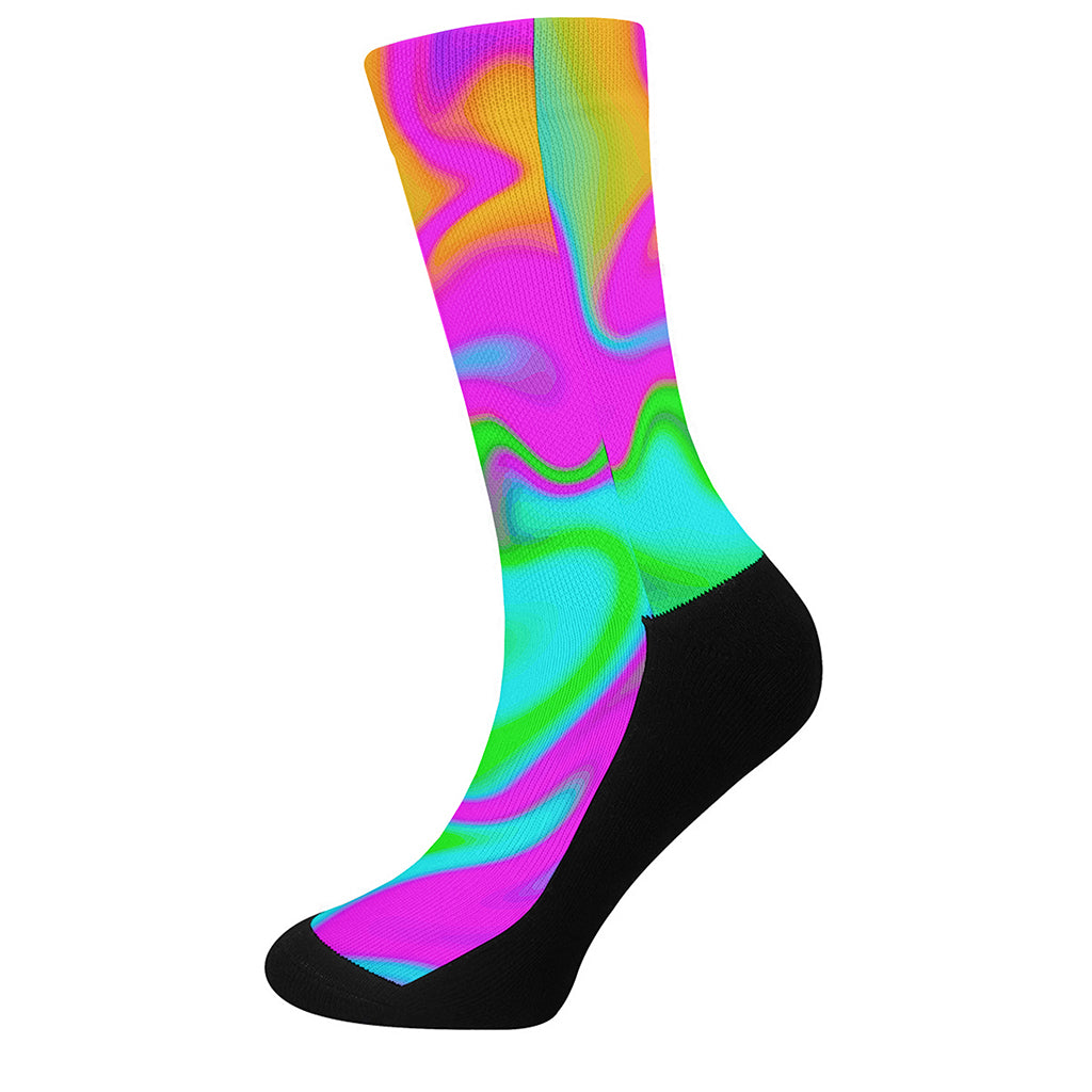 Holographic Neon Liquid Trippy Print Crew Socks