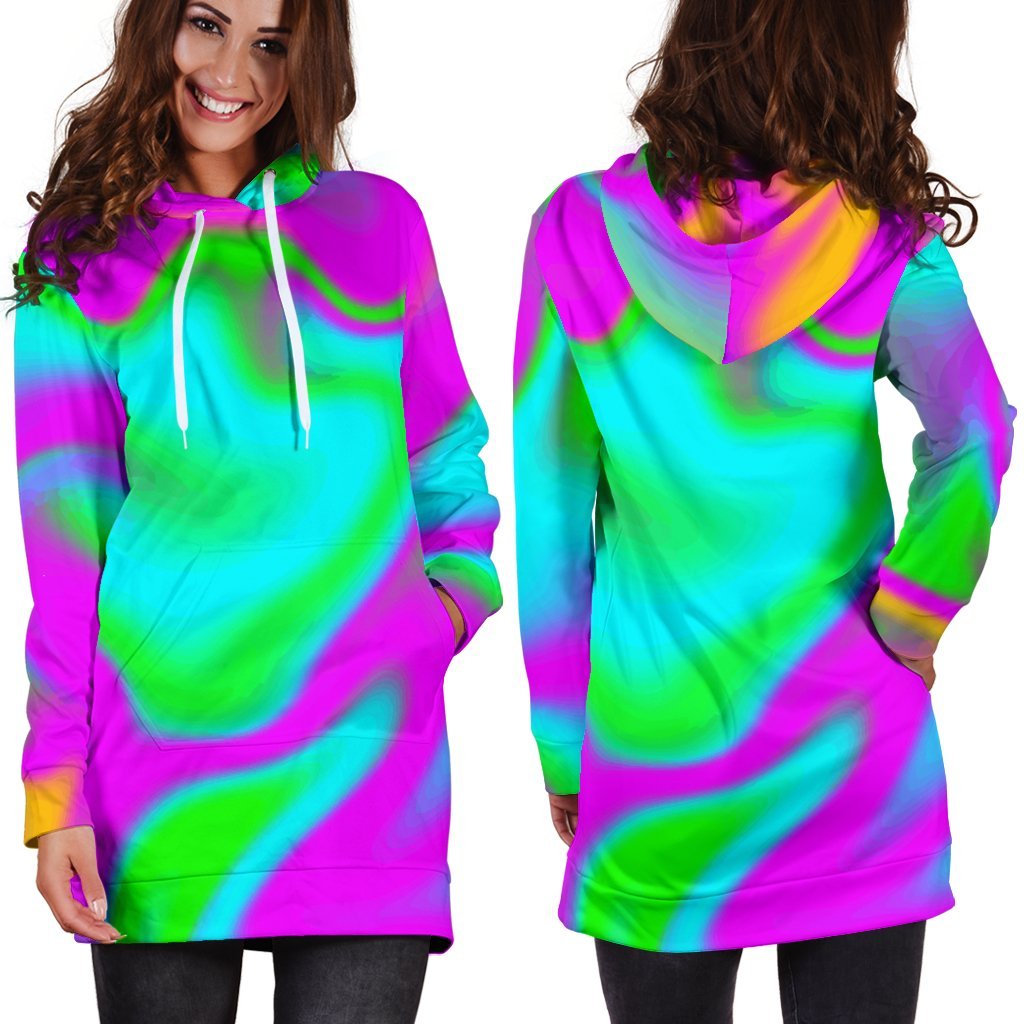Holographic Neon Liquid Trippy Print Hoodie Dress GearFrost