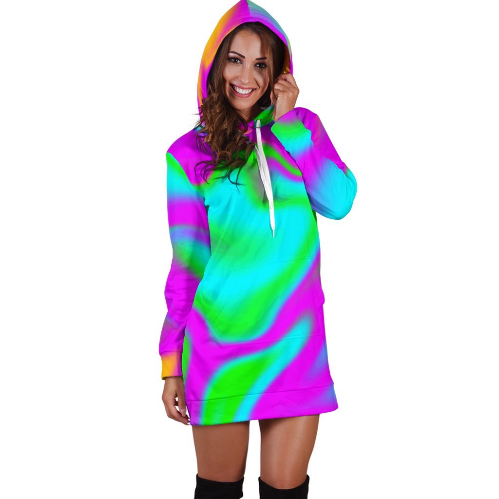 Holographic Neon Liquid Trippy Print Hoodie Dress GearFrost