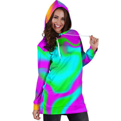 Holographic Neon Liquid Trippy Print Hoodie Dress GearFrost
