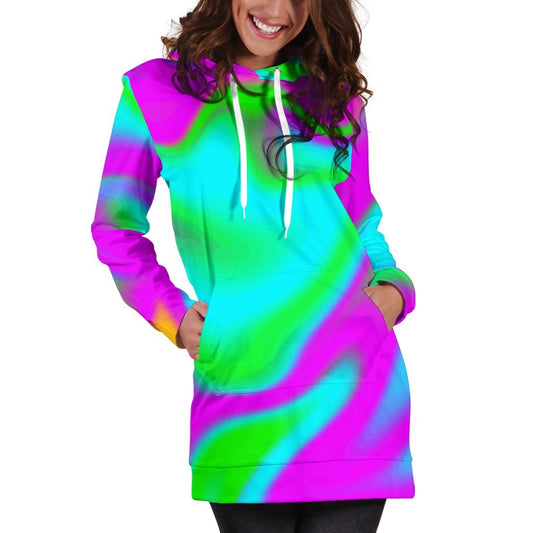 Holographic Neon Liquid Trippy Print Hoodie Dress GearFrost