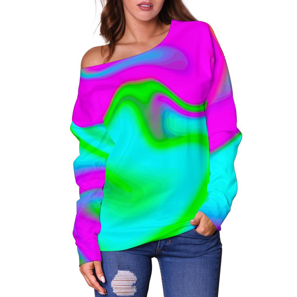 Holographic Neon Liquid Trippy Print Off Shoulder Sweatshirt GearFrost
