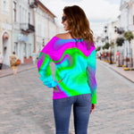 Holographic Neon Liquid Trippy Print Off Shoulder Sweatshirt GearFrost