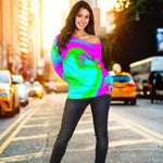 Holographic Neon Liquid Trippy Print Off Shoulder Sweatshirt GearFrost