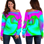 Holographic Neon Liquid Trippy Print Off Shoulder Sweatshirt GearFrost