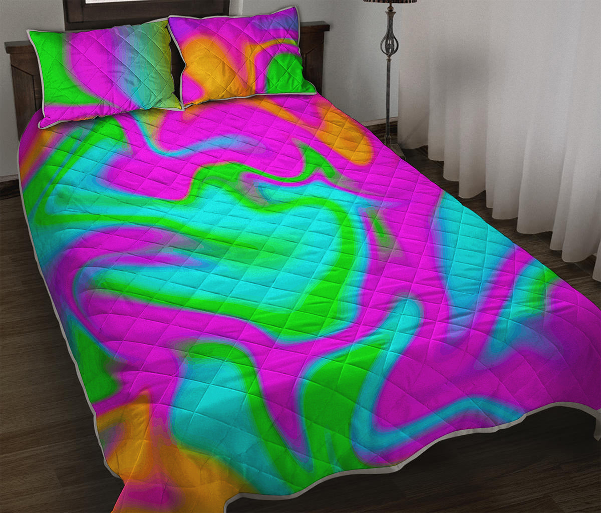 Holographic Neon Liquid Trippy Print Quilt Bed Set