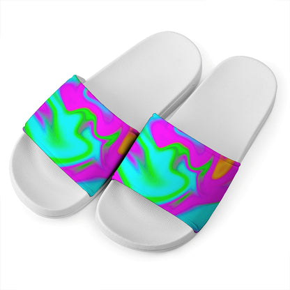 Holographic Neon Liquid Trippy Print White Slide Sandals