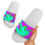 Holographic Neon Liquid Trippy Print White Slide Sandals