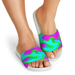 Holographic Neon Liquid Trippy Print White Slide Sandals