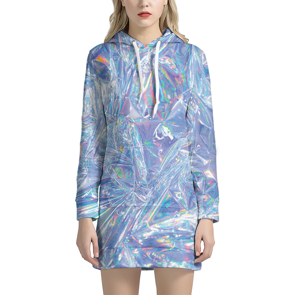 Holographic Texture Print Hoodie Dress